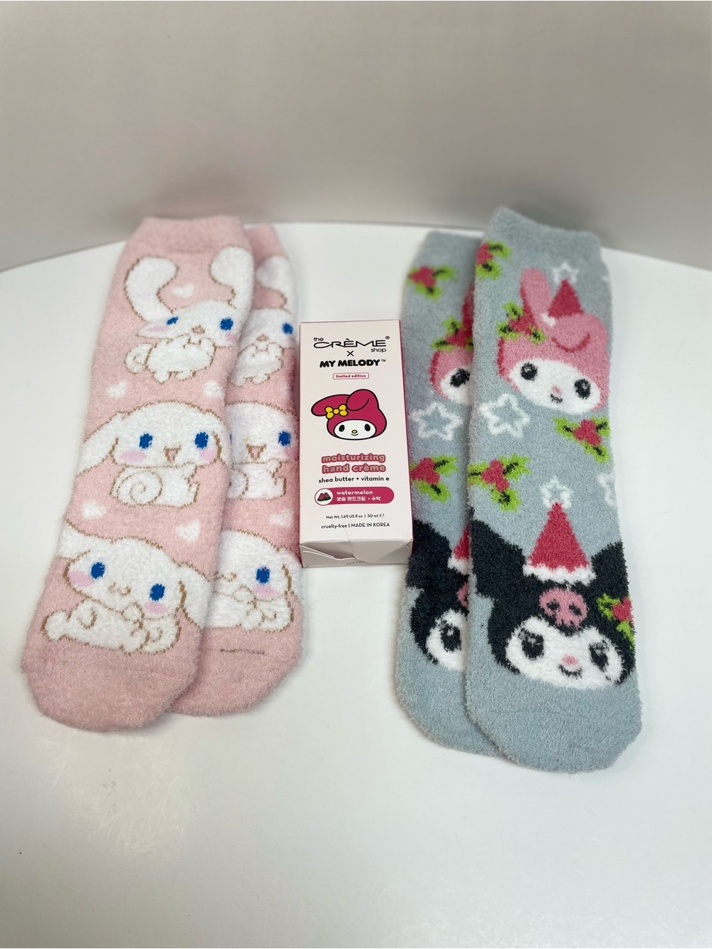 Sanrio Cinnamoroll Pink & My Melody/Kuromi Gray Plush Character Socks and Lotion